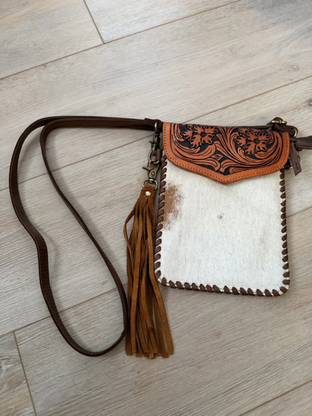 American Darling White Haircalf Crossbody with Brown Tooled Leather Flap